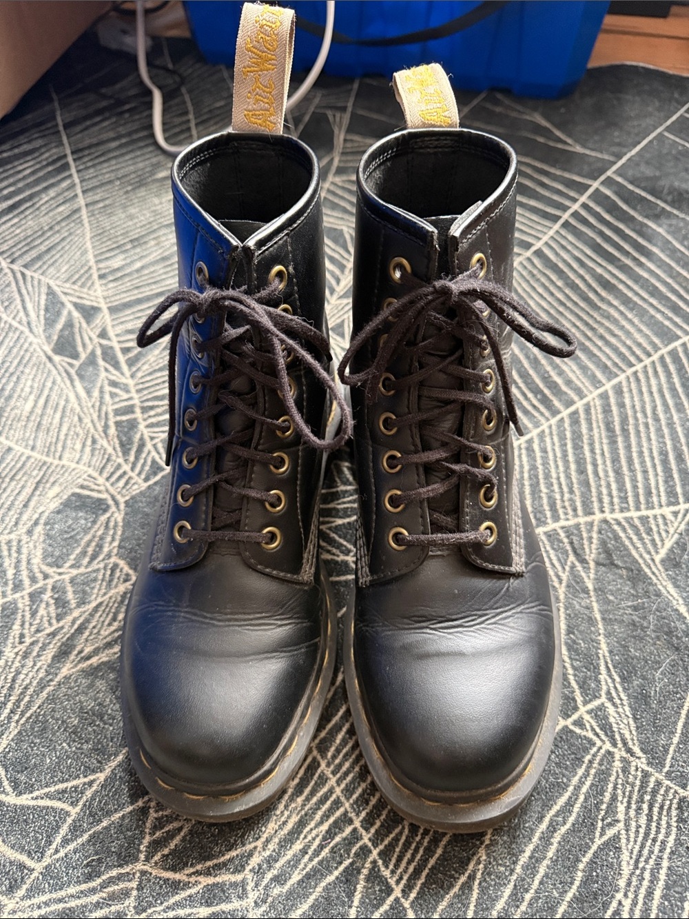 Dr. Martens Black Leather Lace-Up Combat Boots with Yellow Heel Loops